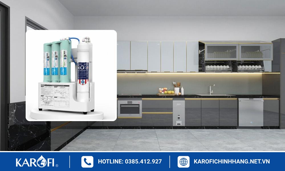 Cách bố trí máy lọc Karofi âm tủ kết hợp máy rửa bát